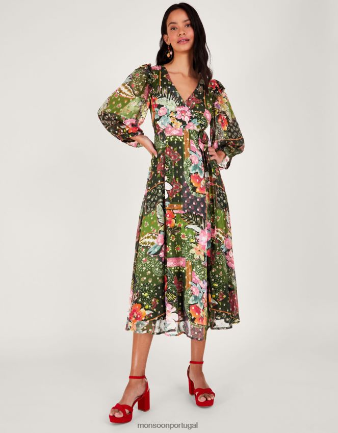 roupas vestido envolvente metálico anastasia em viscose sustentável Monsoon mulheres verde RPLH8F238