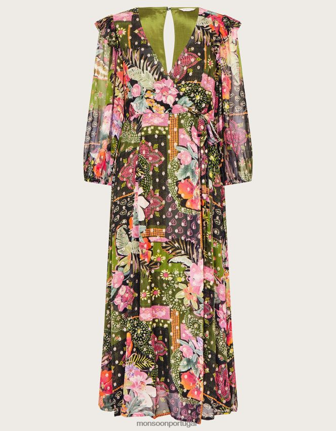 roupas vestido envolvente metálico anastasia em viscose sustentável Monsoon mulheres verde RPLH8F238