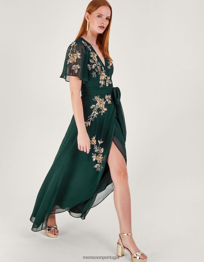 roupas vestido envolvente sarah embelezado em poliéster reciclado Monsoon mulheres verde RPLH8F5