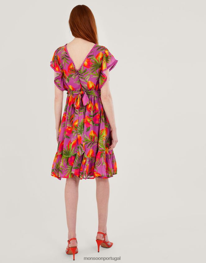 roupas vestido estampado atiena em viscose sustentável Monsoon mulheres roxo RPLH8F167