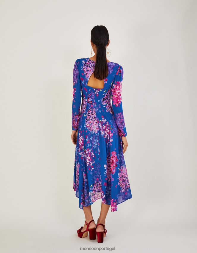 roupas vestido evanah com bainha floral e lenço em viscose sustentável Monsoon mulheres azul RPLH8F718