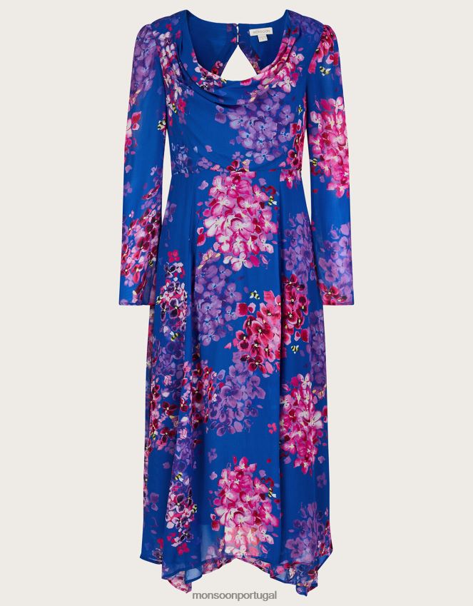 roupas vestido evanah com bainha floral e lenço em viscose sustentável Monsoon mulheres azul RPLH8F718