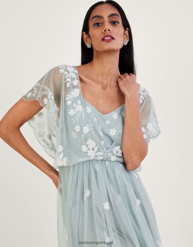 roupas vestido maxi bordado Sophie de comprimento mais curto Monsoon mulheres verde (sálvia) RPLH8F991