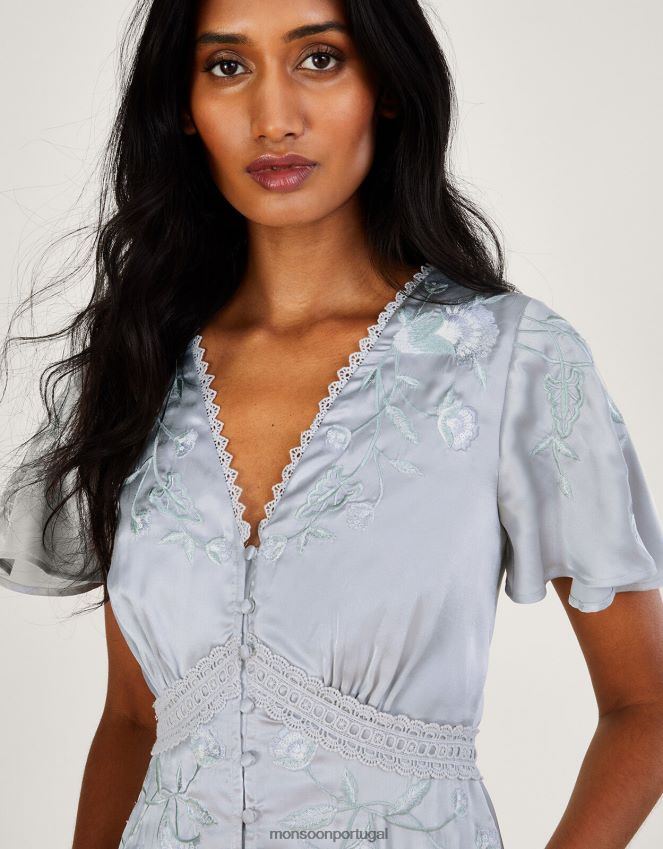 roupas vestido maxi bordado em cetim mia Monsoon mulheres prata RPLH8F698