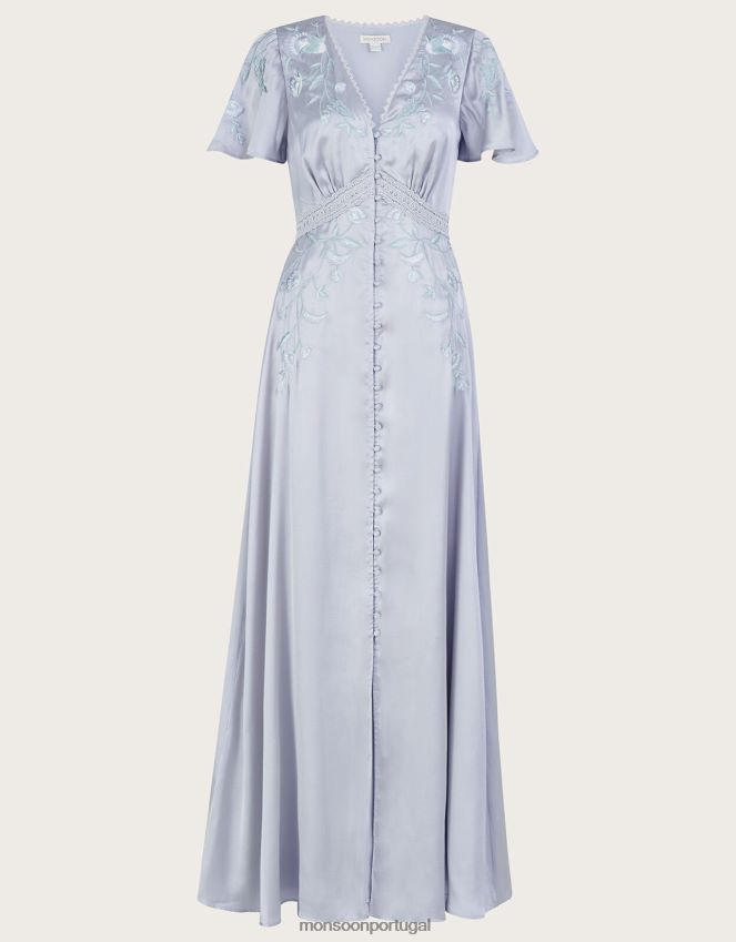 roupas vestido maxi bordado em cetim mia Monsoon mulheres prata RPLH8F698