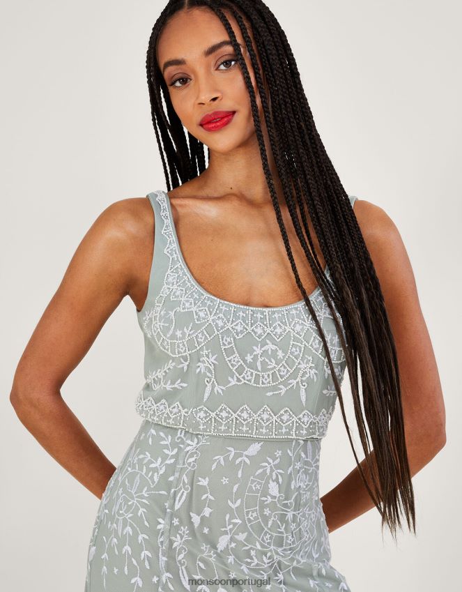 roupas vestido maxi bordado eugiene Monsoon mulheres verde (sálvia) RPLH8F885
