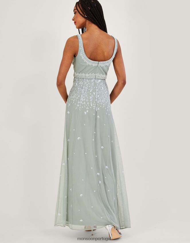 roupas vestido maxi bordado eugiene Monsoon mulheres verde (sálvia) RPLH8F885