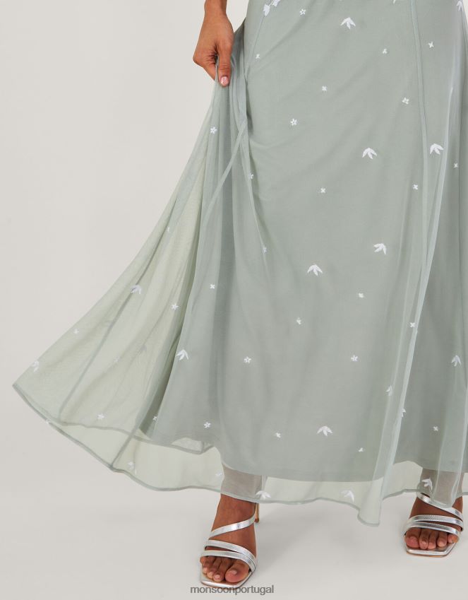 roupas vestido maxi bordado eugiene Monsoon mulheres verde (sálvia) RPLH8F885