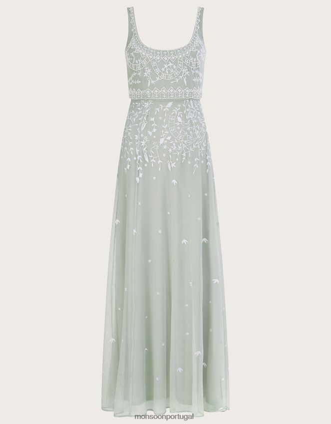 roupas vestido maxi bordado eugiene Monsoon mulheres verde (sálvia) RPLH8F885