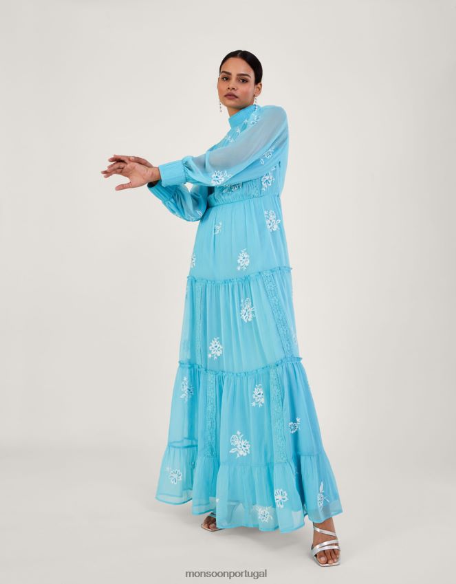 roupas vestido maxi bordado maddie em poliéster reciclado Monsoon mulheres azul (água) RPLH8F942