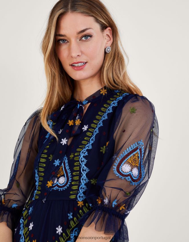 roupas vestido maxi bordado tracey em poliéster reciclado Monsoon mulheres azul-marinho) RPLH8F945