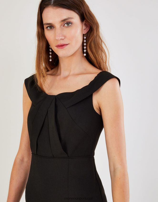 roupas vestido maxi crepe bardot beatrice Monsoon mulheres preto RPLH8F507