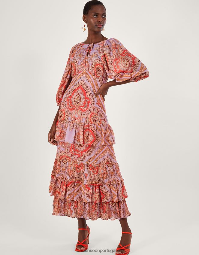 roupas vestido maxi em camadas estampado laetita com poliéster reciclado Monsoon mulheres roxo (lilás) RPLH8F905