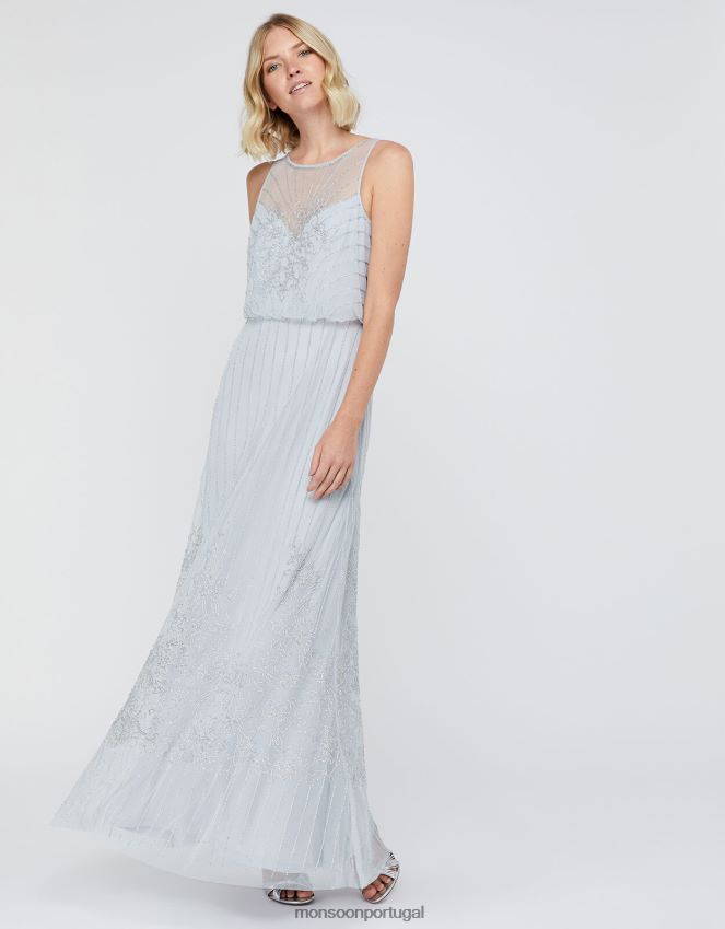 roupas vestido maxi embelezado bella Monsoon mulheres azul RPLH8F1152