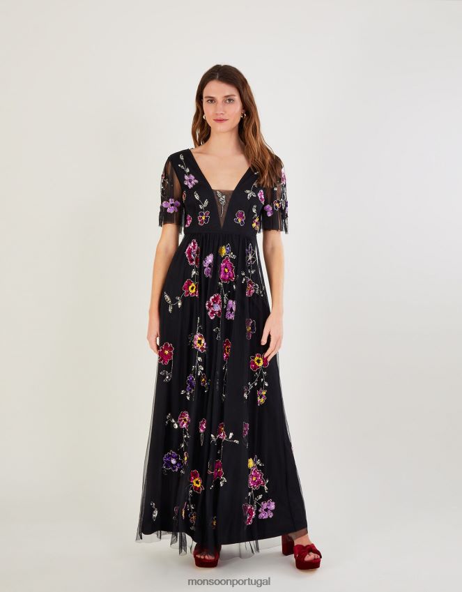 roupas vestido maxi enfeitado faye Monsoon mulheres preto RPLH8F744