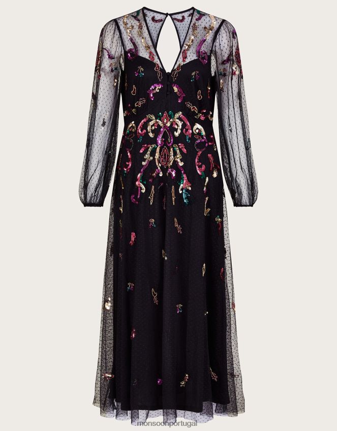 roupas vestido maxi enfeitado faye Monsoon mulheres preto RPLH8F744