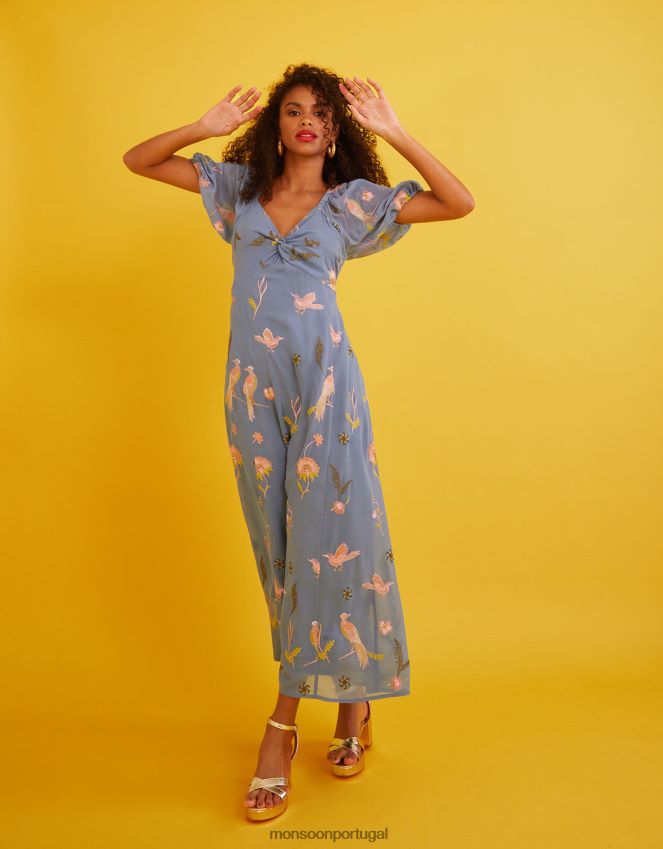 roupas vestido midi bordado dani Monsoon mulheres azul RPLH8F894