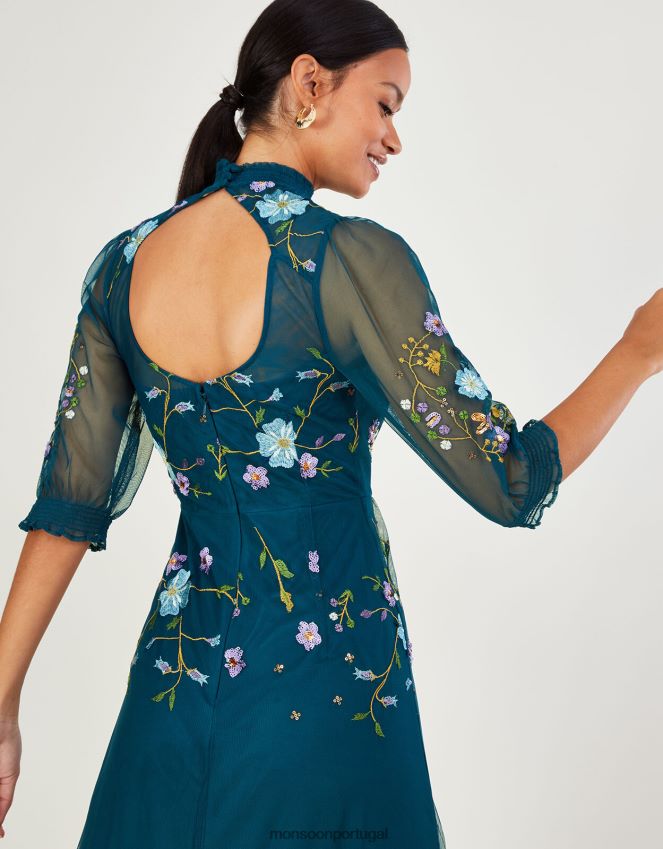 roupas vestido midi bordado francesca Monsoon mulheres azul RPLH8F1033