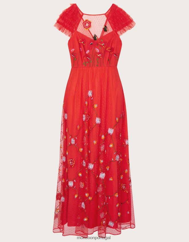 roupas vestido midi bordado octavia Monsoon mulheres vermelho RPLH8F785