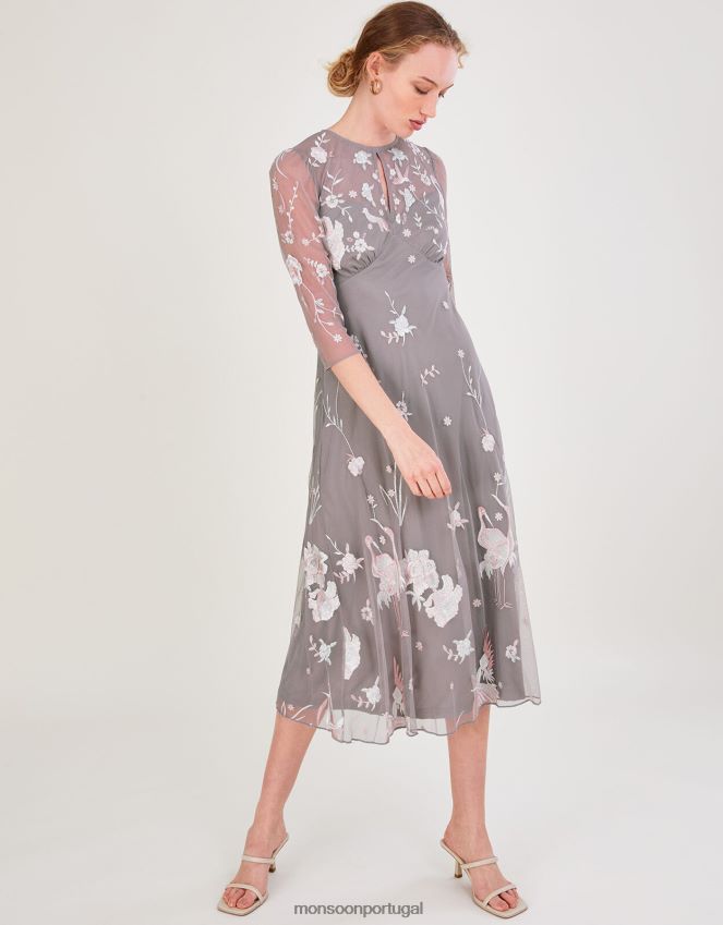 roupas vestido midi britta embelezado em poliéster reciclado Monsoon mulheres cinza RPLH8F1044
