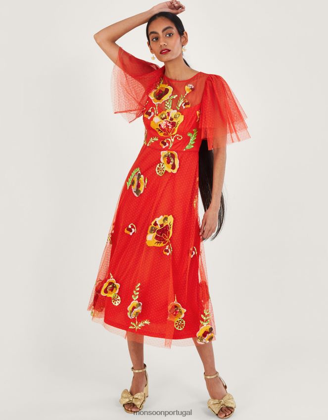 roupas vestido midi claudia Monsoon mulheres vermelho RPLH8F764