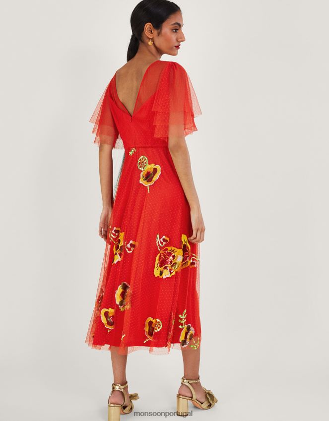 roupas vestido midi claudia Monsoon mulheres vermelho RPLH8F764