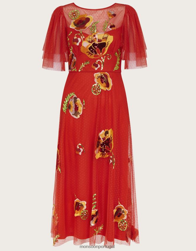 roupas vestido midi claudia Monsoon mulheres vermelho RPLH8F764