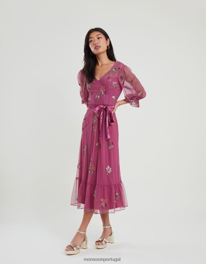 roupas vestido midi com bordado sabrina Monsoon mulheres rosa RPLH8F474
