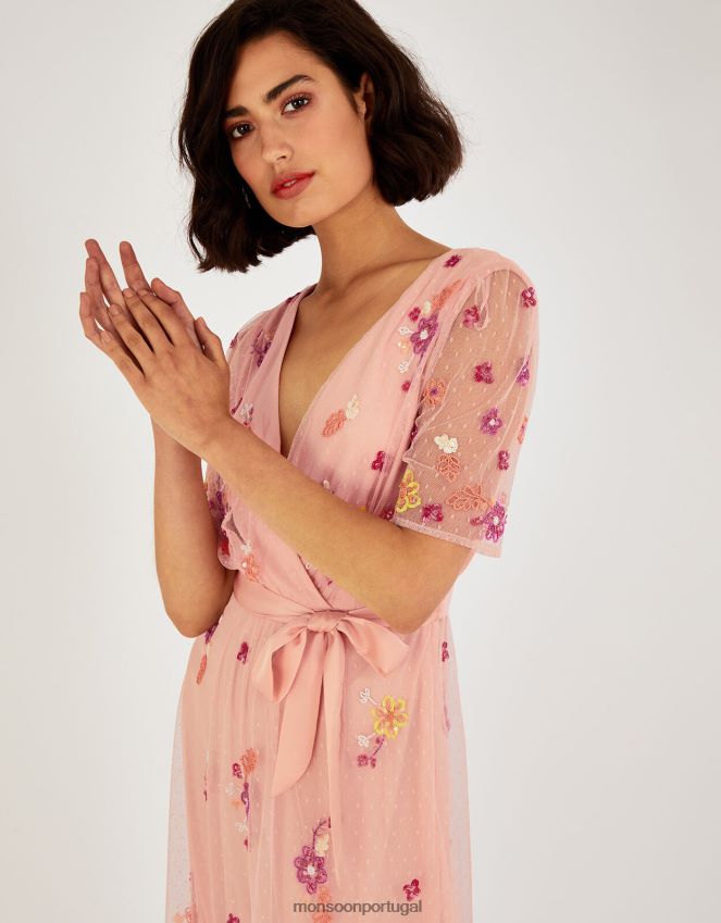 roupas vestido midi com renda Monsoon mulheres laranja (pêssego) RPLH8F1123