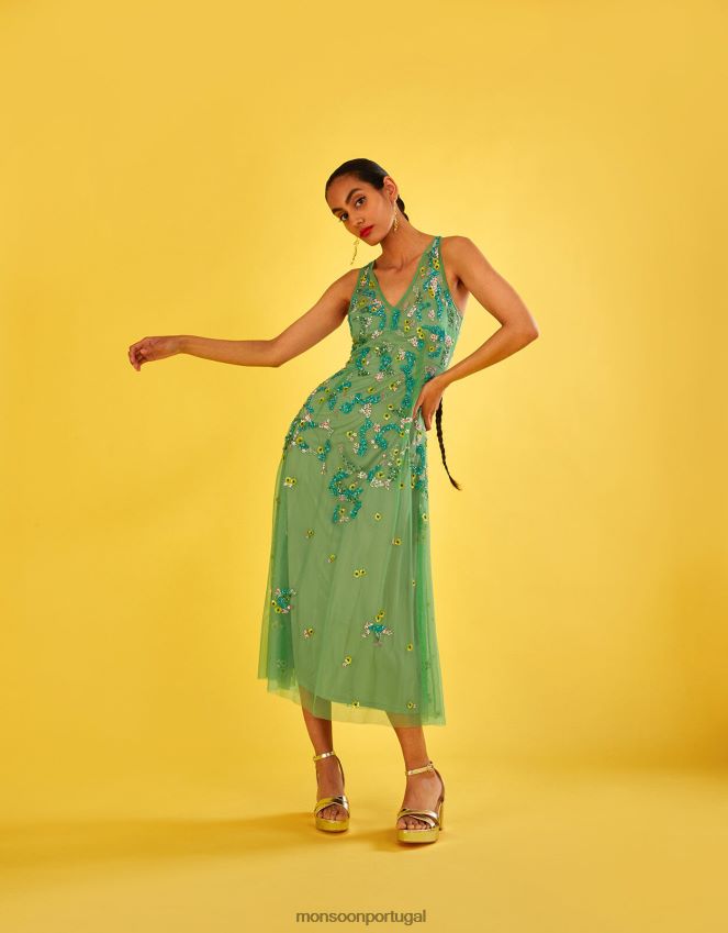 roupas vestido midi embelezado amanda em poliéster reciclado Monsoon mulheres verde RPLH8F1000