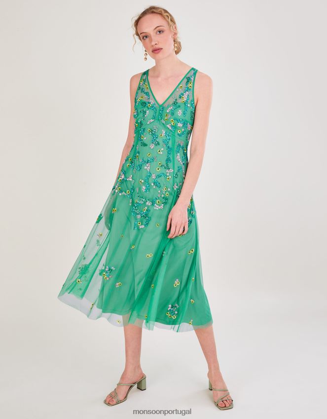 roupas vestido midi embelezado amanda em poliéster reciclado Monsoon mulheres verde RPLH8F1000