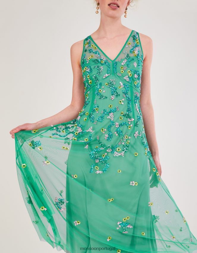 roupas vestido midi embelezado amanda em poliéster reciclado Monsoon mulheres verde RPLH8F1000