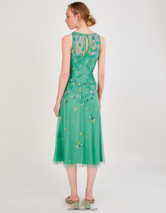 roupas vestido midi embelezado amanda em poliéster reciclado Monsoon mulheres verde RPLH8F1000