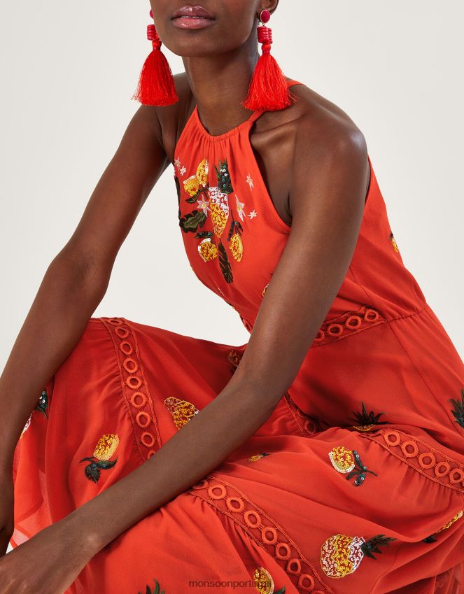 roupas vestido midi isabel em camadas em poliéster reciclado Monsoon mulheres laranja RPLH8F290