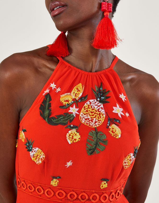 roupas vestido midi isabel em camadas em poliéster reciclado Monsoon mulheres laranja RPLH8F290