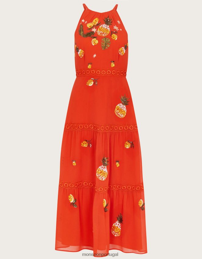 roupas vestido midi isabel em camadas em poliéster reciclado Monsoon mulheres laranja RPLH8F290