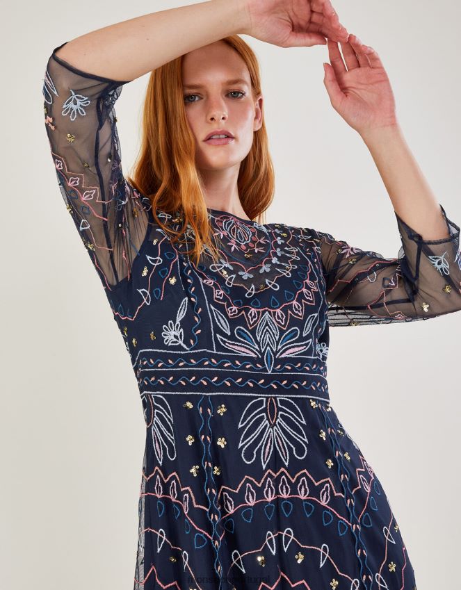 roupas vestido midi jeannine embelezado em poliéster reciclado Monsoon mulheres azul-marinho) RPLH8F1139