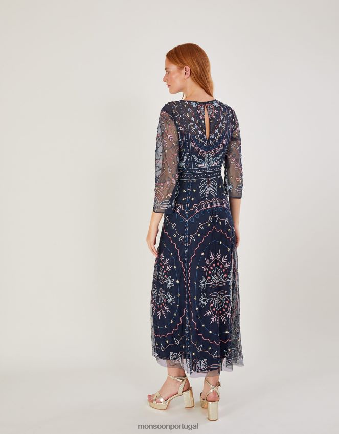 roupas vestido midi jeannine embelezado em poliéster reciclado Monsoon mulheres azul-marinho) RPLH8F1139