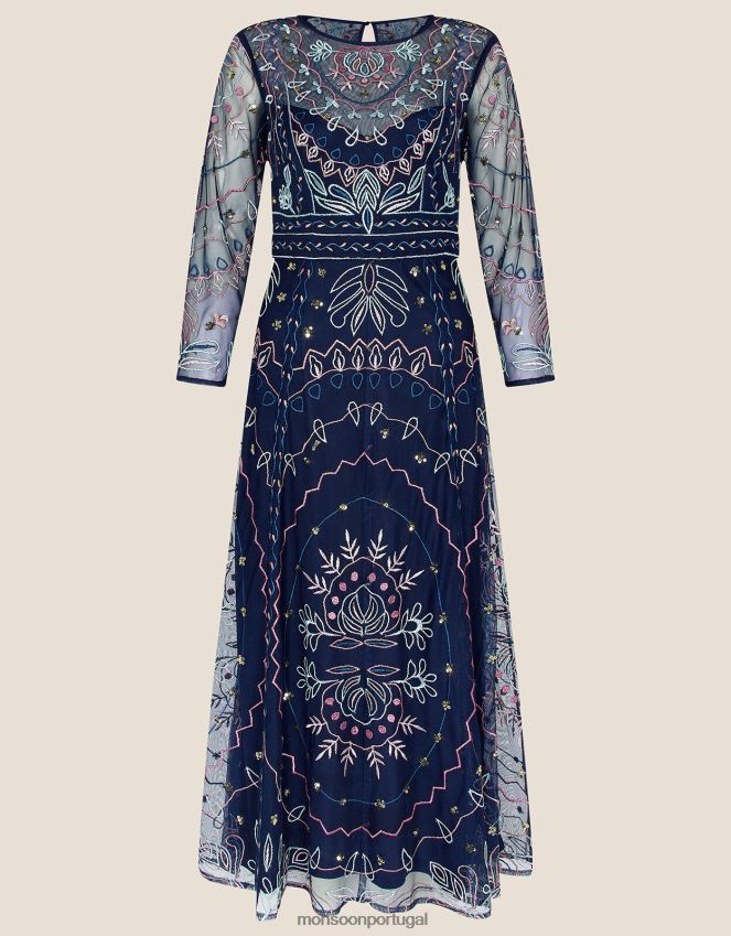 roupas vestido midi jeannine embelezado em poliéster reciclado Monsoon mulheres azul-marinho) RPLH8F1139