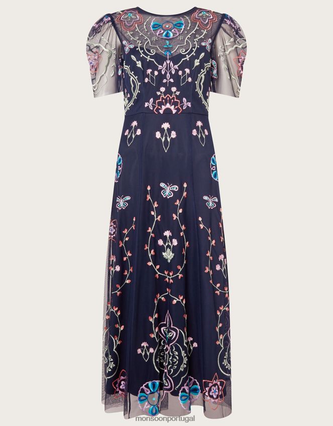 roupas vestido midi leor bordado em poliéster reciclado Monsoon mulheres azul-marinho) RPLH8F997