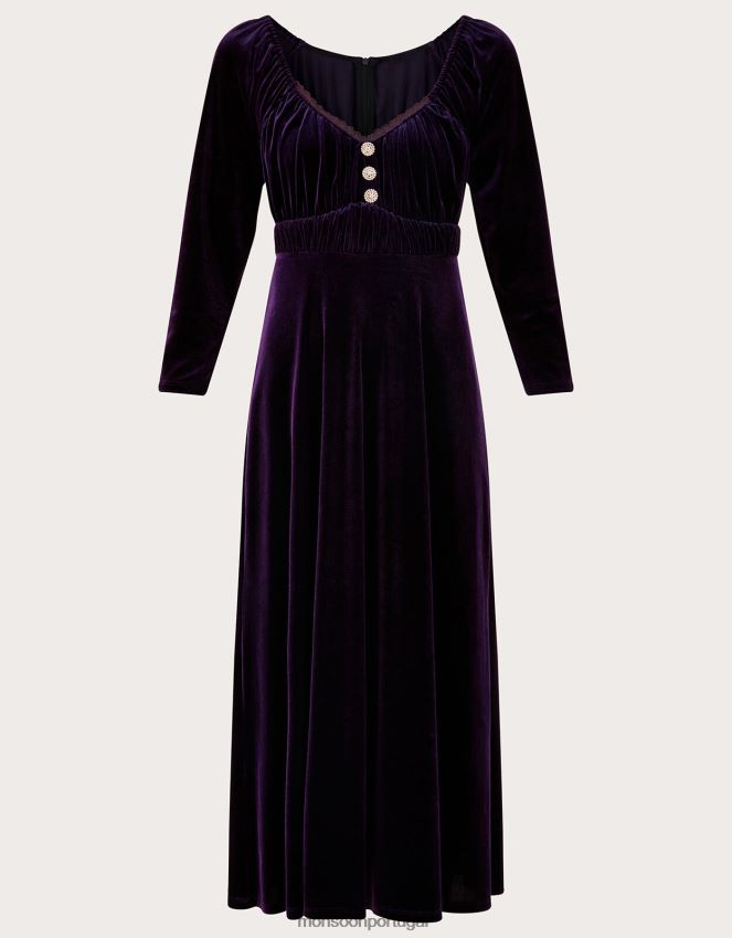 roupas vestido midi sara veludo Monsoon mulheres roxo RPLH8F647