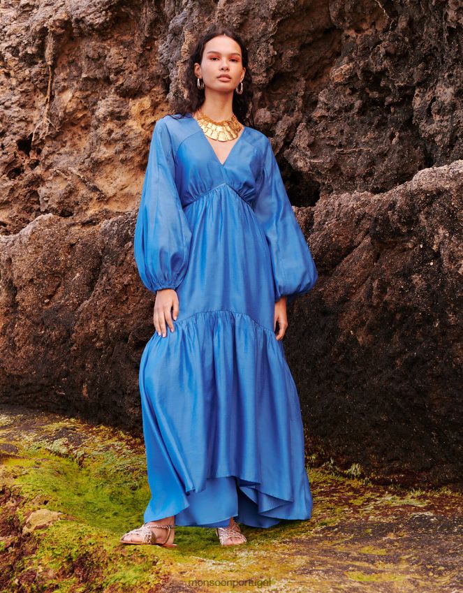 roupas vestido palmer maxi em poliéster reciclado Monsoon mulheres azul RPLH8F564