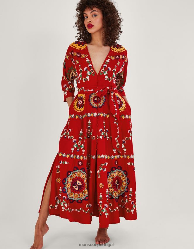 roupas vestido quimono decorado à mão jennifer Monsoon mulheres vermelho RPLH8F1063