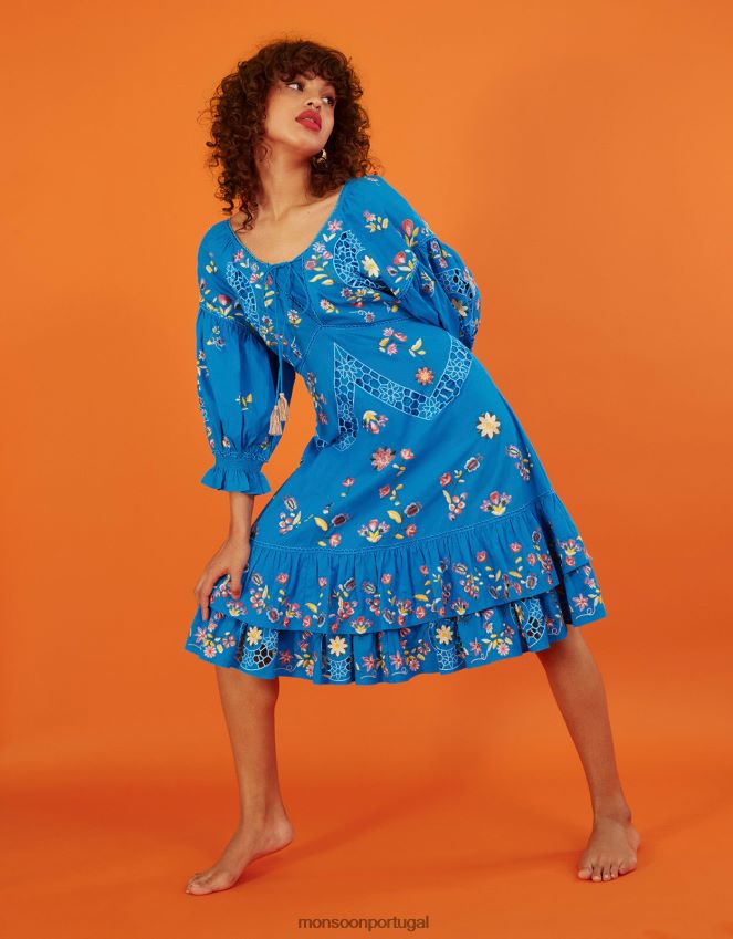 roupas vestido tina bordado na altura do joelho Monsoon mulheres azul RPLH8F965