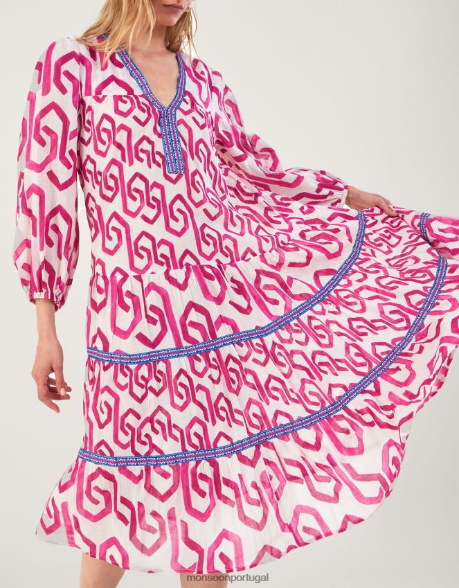 roupas Vestido kaftan com estampa geométrica em algodão sustentável Monsoon mulheres rosa RPLH8F667