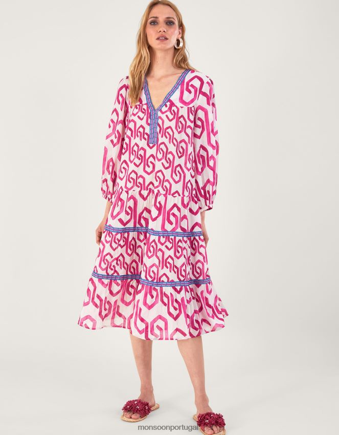 roupas Vestido kaftan com estampa geométrica em algodão sustentável Monsoon mulheres rosa RPLH8F667