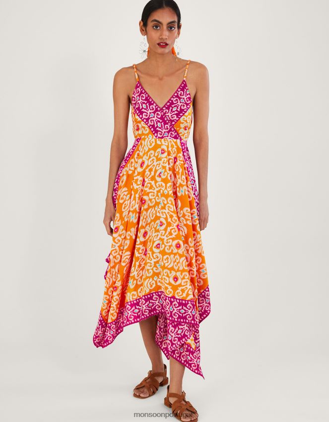 roupas Vestido midi com estampa bandhani e bainha em Lenzing Ecovero Monsoon mulheres laranja RPLH8F822