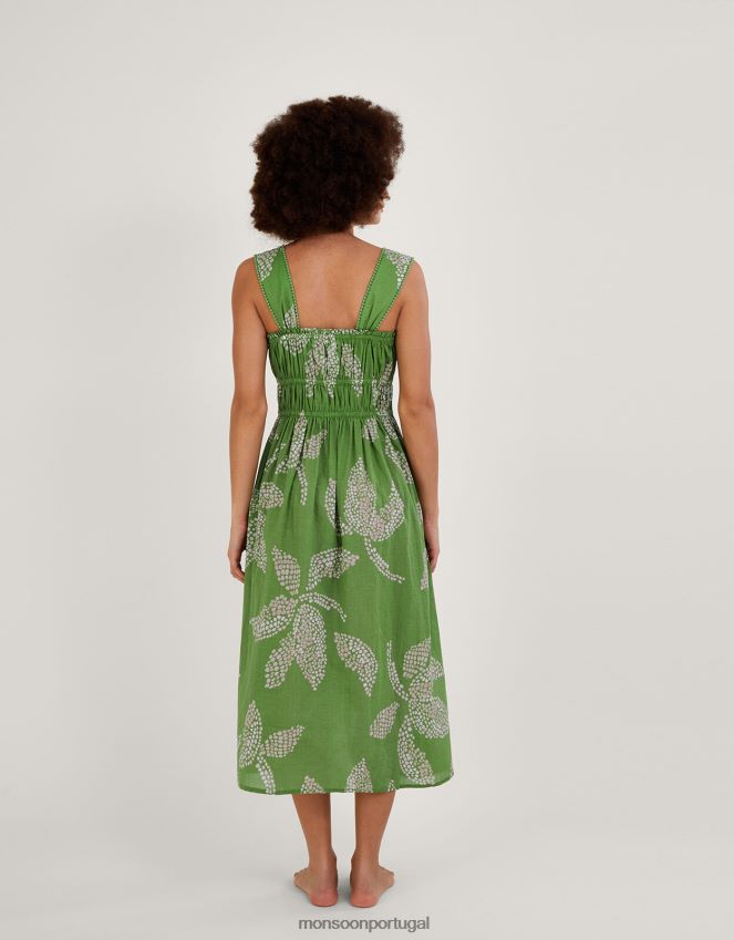 roupas Vestido midi com estampa palm spot em algodão sustentável Monsoon mulheres verde RPLH8F941
