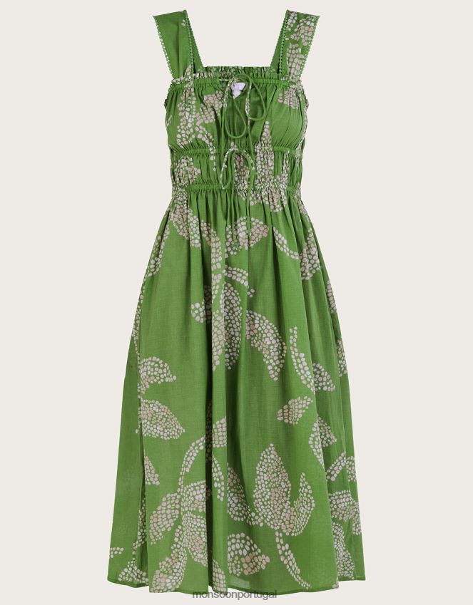 roupas Vestido midi com estampa palm spot em algodão sustentável Monsoon mulheres verde RPLH8F941