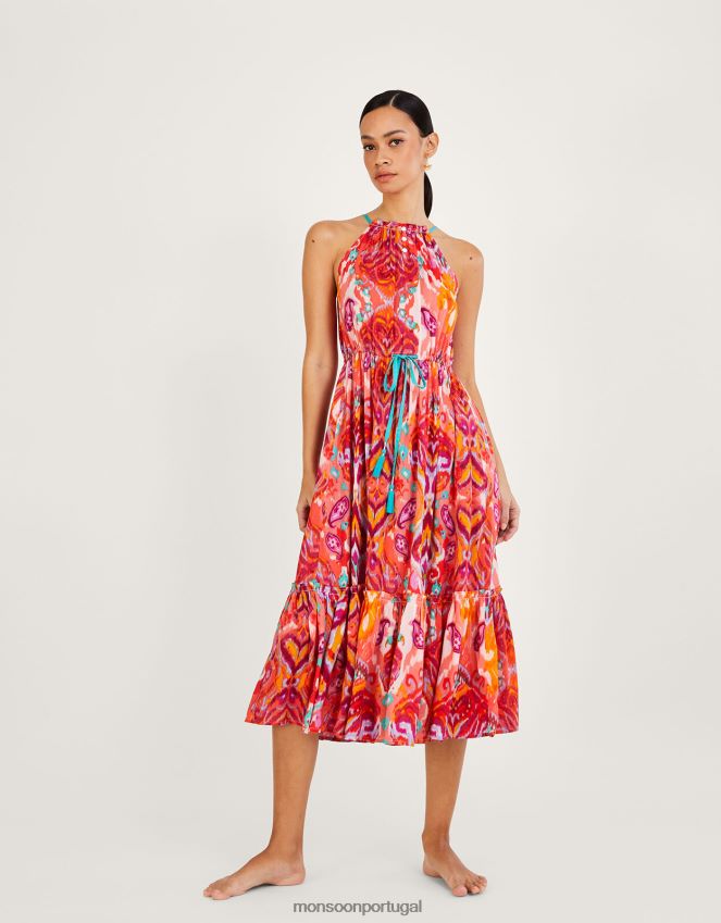 roupas Vestido midi ikat estampa paisley frente única em Lenzing Ecovero Monsoon mulheres rosa RPLH8F962